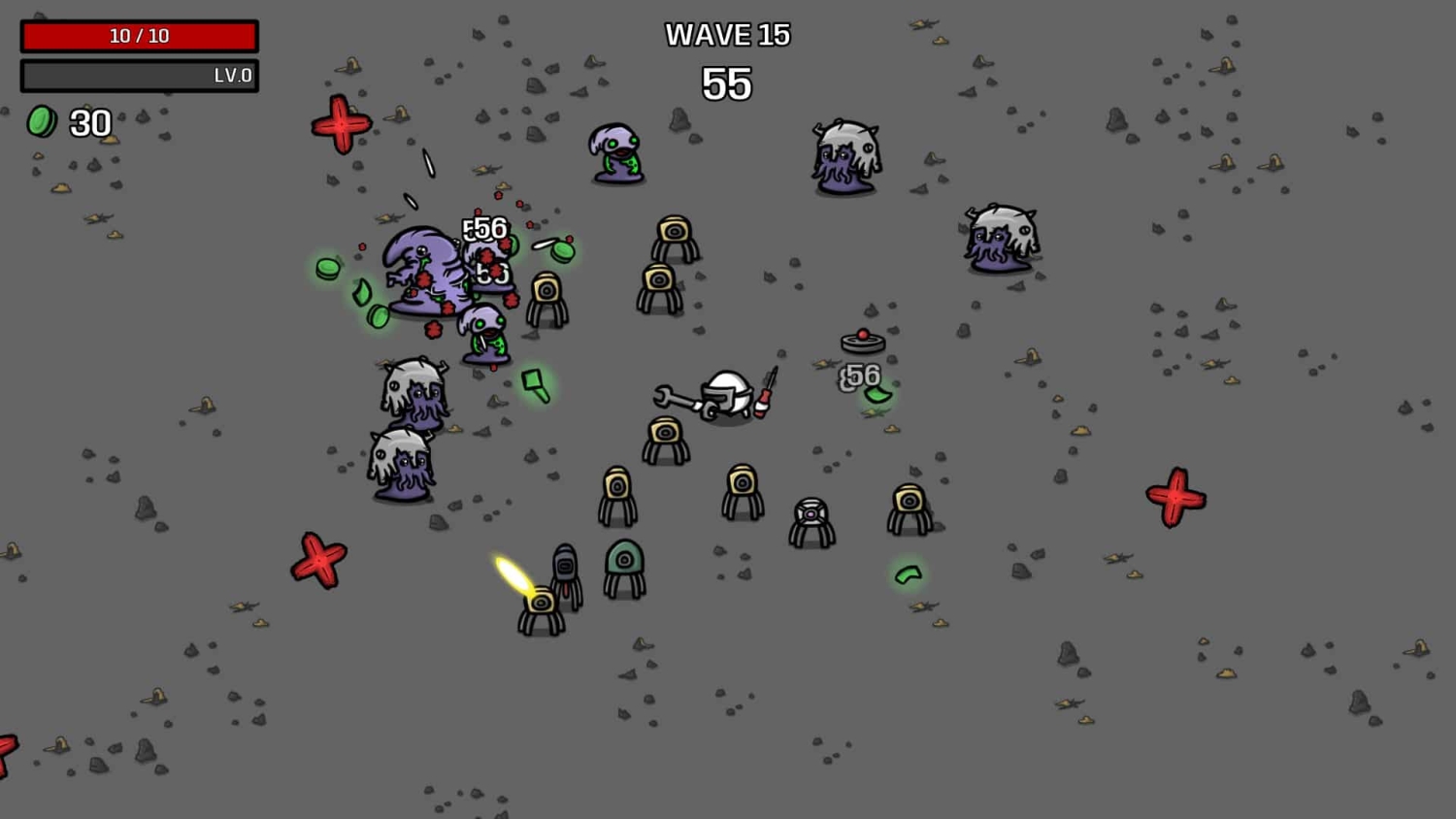 Top-down view of a character surrounded by multiple purple monsters and turrets in a grey battleground with health and wave indicators