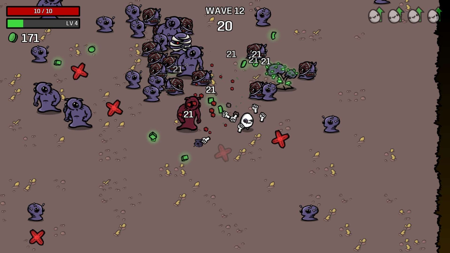 Small white character firing at multiple purple monsters in a top-down shooter game