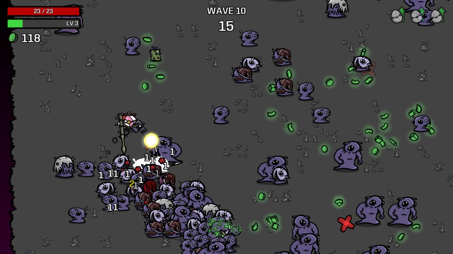 Small character shooting at numerous purple cartoon monsters during wave 10 in a dark arena