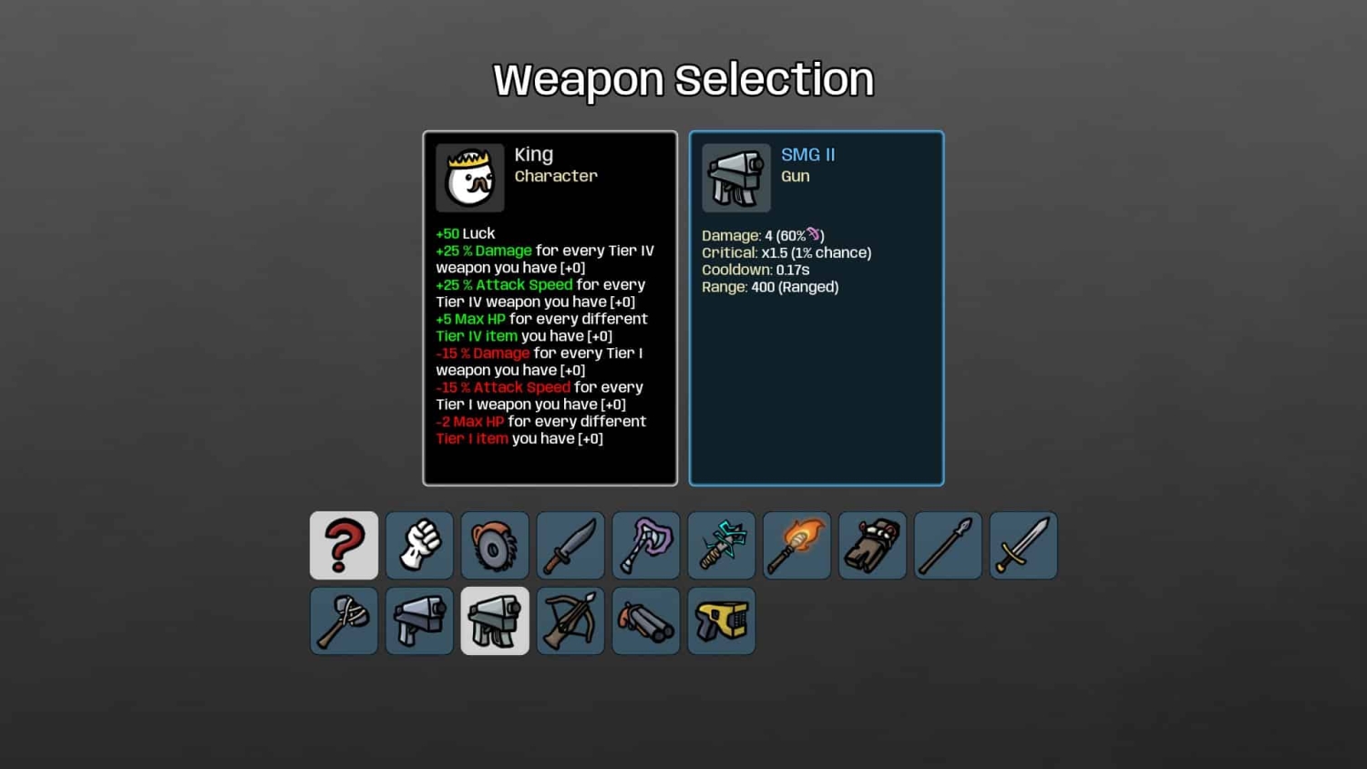 Weapon selection interface showing King character stats and SMG II gun details with multiple weapon icons below