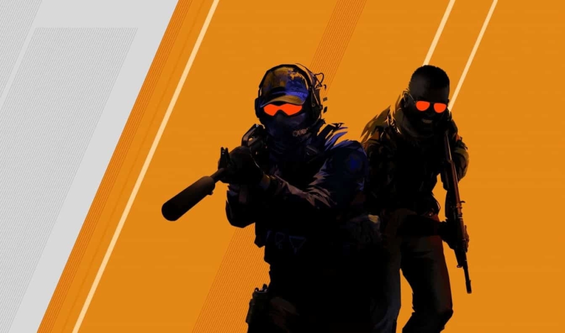 Two tactical operatives holding firearms with orange tinted goggles on an orange and grey background
