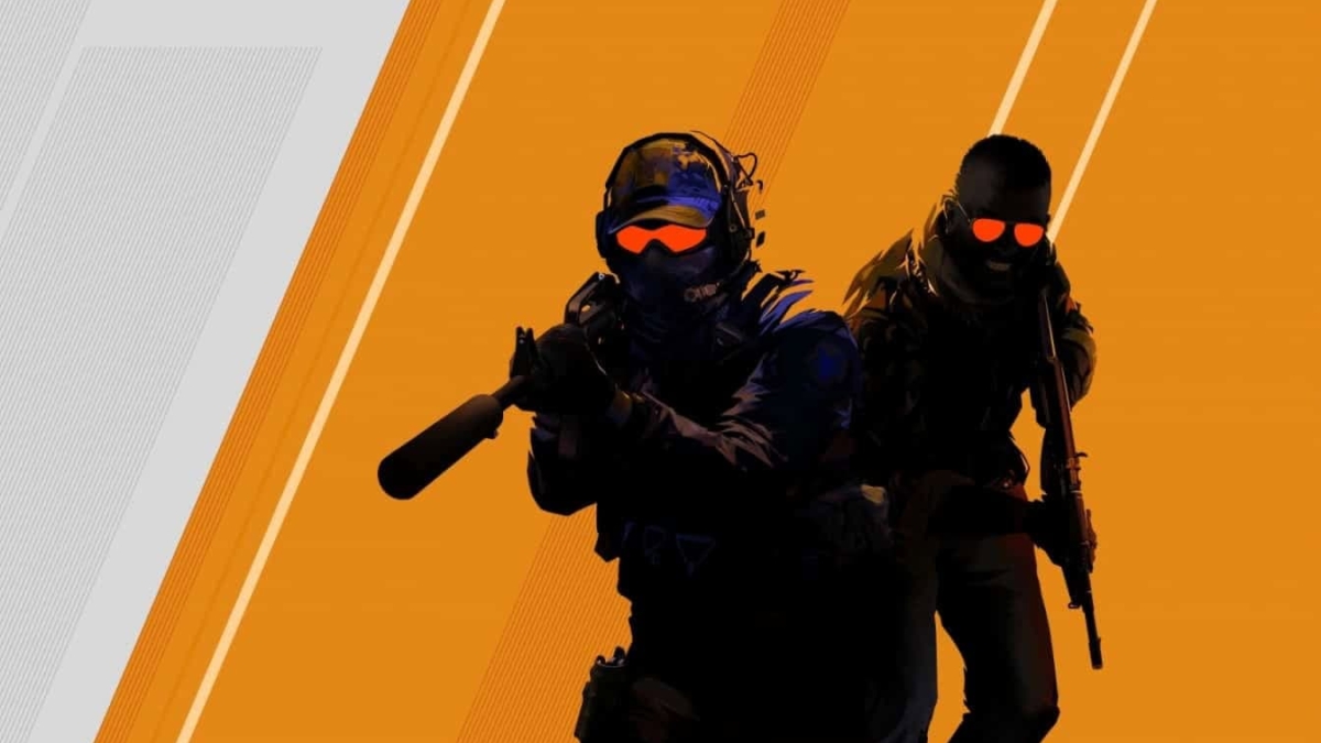 Two tactical operatives holding firearms with orange tinted goggles on an orange and grey background