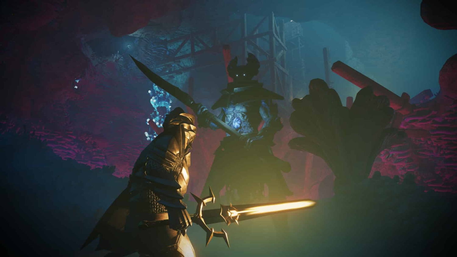 Armoured warrior with glowing sword faces a large horned monster in a dark cavern with blue and purple lighting