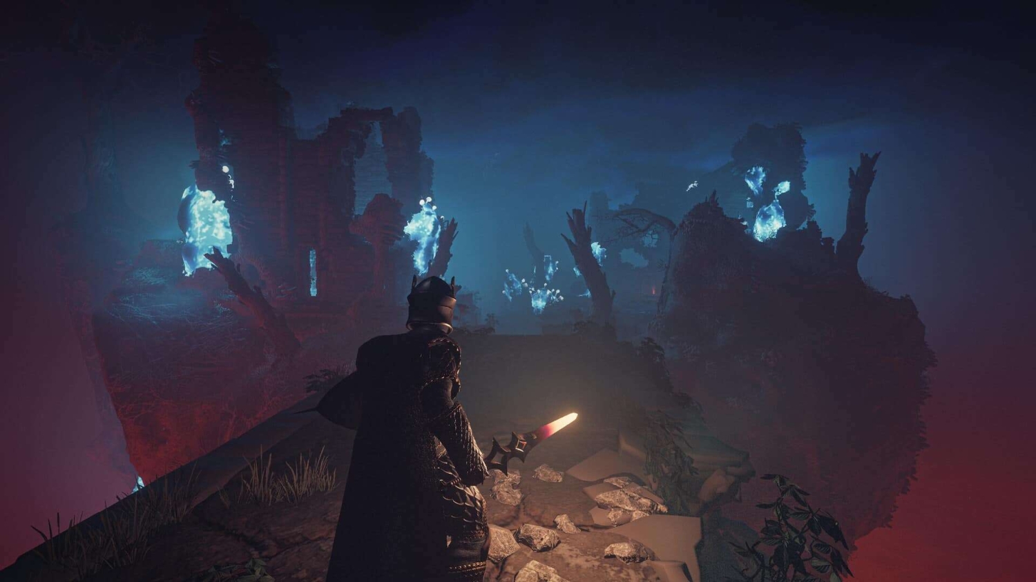 Armoured figure holding glowing sword stands on a broken stone path amid ruins with blue flames and mist