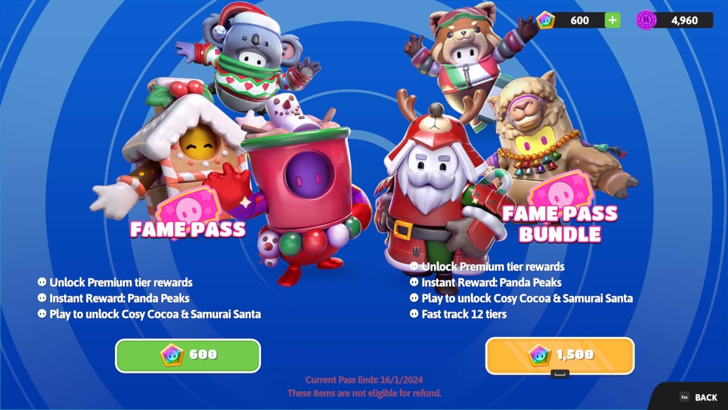 Colourful Fall Guys characters around Fame Pass and Fame Pass Bundle text with rewards details and prices