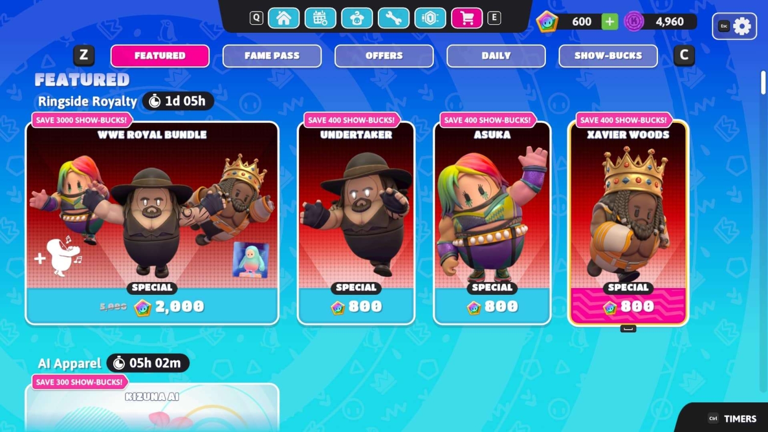 Fall Guys in-game shop displaying featured character bundles including WWE Royal Bundle, Undertaker, Asuka, and Xavier Woods with prices and discounts