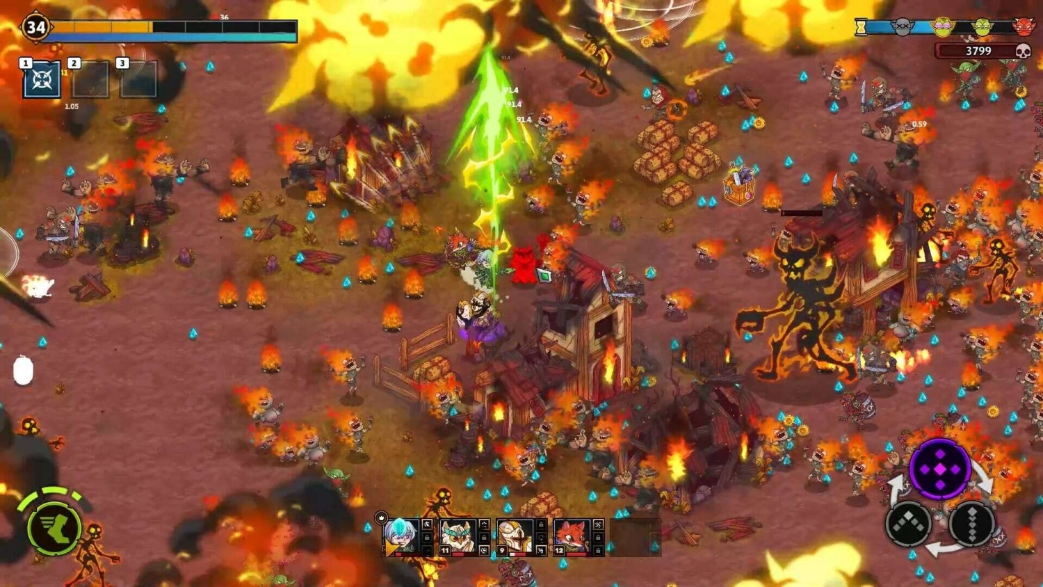 Top-down view of a chaotic battle with cartoon characters battling among burning buildings and scattered blue crystals