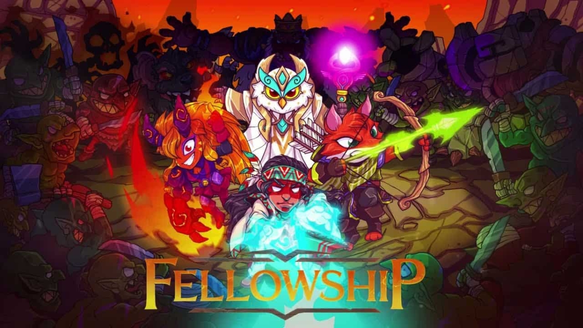Colourful cartoon characters of an owl mage, archer fox, and flaming warrior facing shadowy monsters in a dungeon