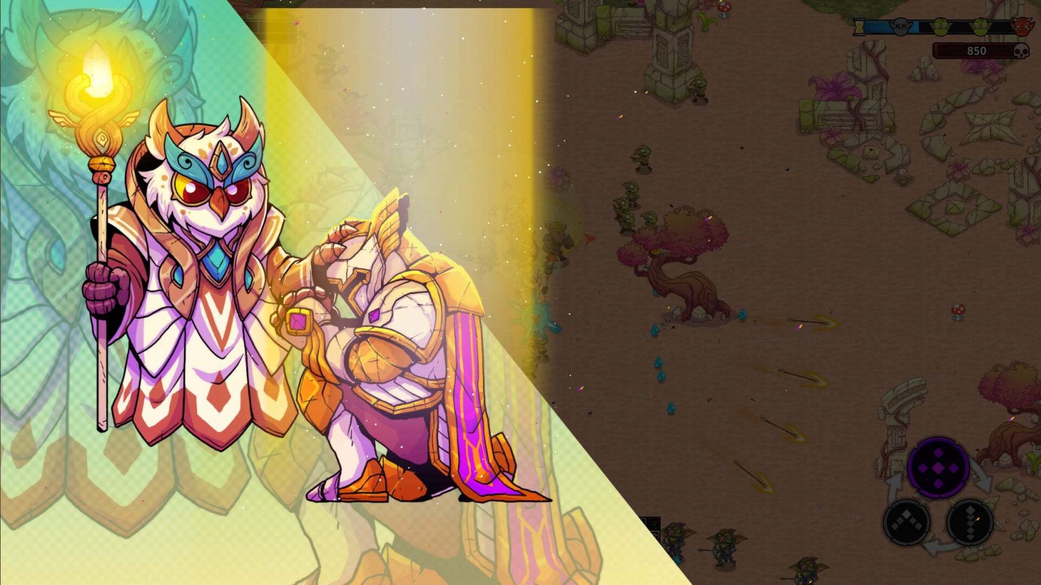 Cartoon owl wizard with a glowing staff and knight in golden armour kneeling in colourful rogue-like game scene
