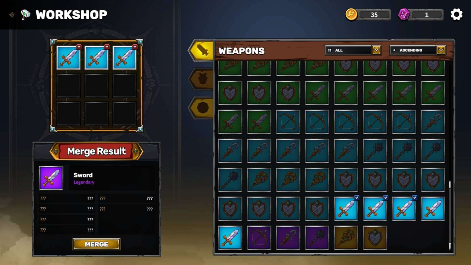 Workshop menu showing three swords selected for merging into a legendary sword with multiple weapons and shields in inventory