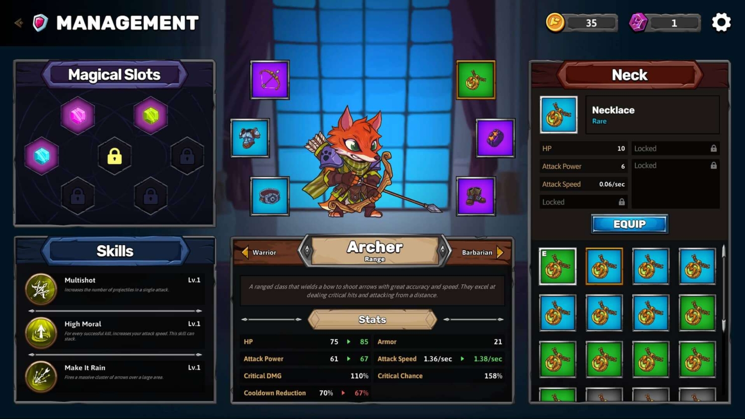 Cartoon fox archer with equipped bow, armour, and magical slots shown alongside skills and stats in character management interface