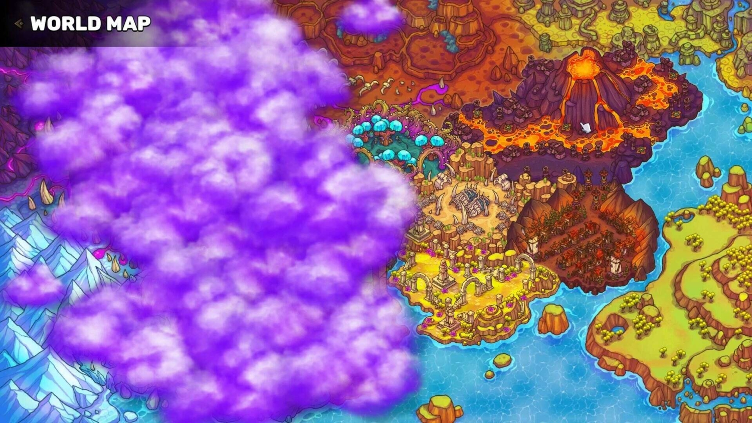 Fantasy map showing volcanic region, snowy mountains, forests, and purple cloud-covered areas