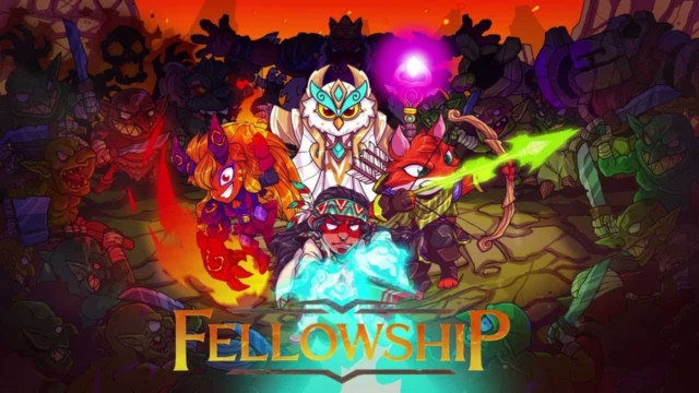 Colourful cartoon characters of an owl mage, archer fox, and flaming warrior facing shadowy monsters in a dungeon