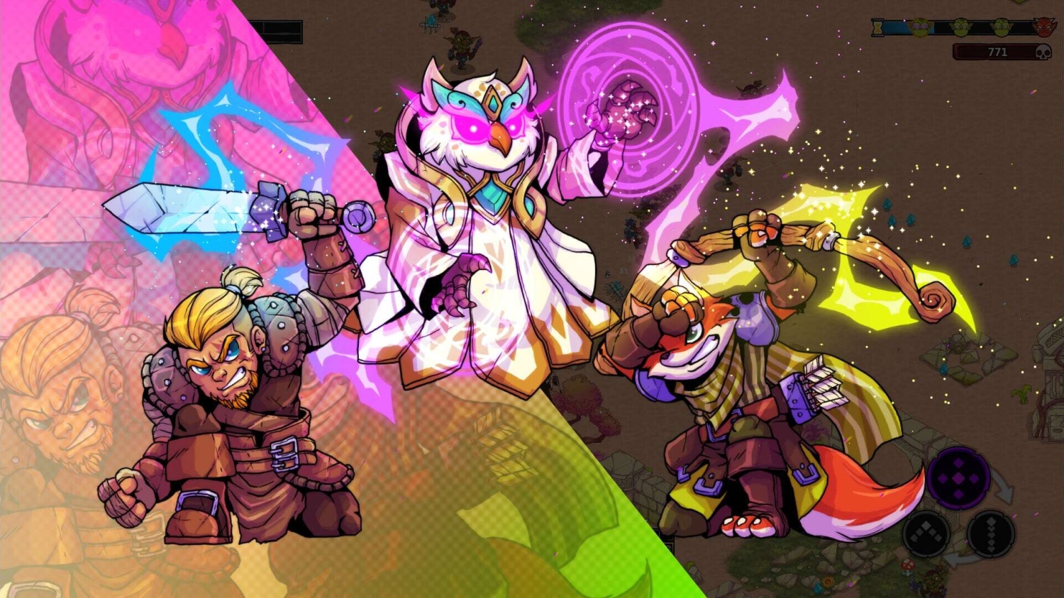 Three colourful fantasy characters in dynamic battle poses wield magical powers and weapons, illustrated in vibrant colours