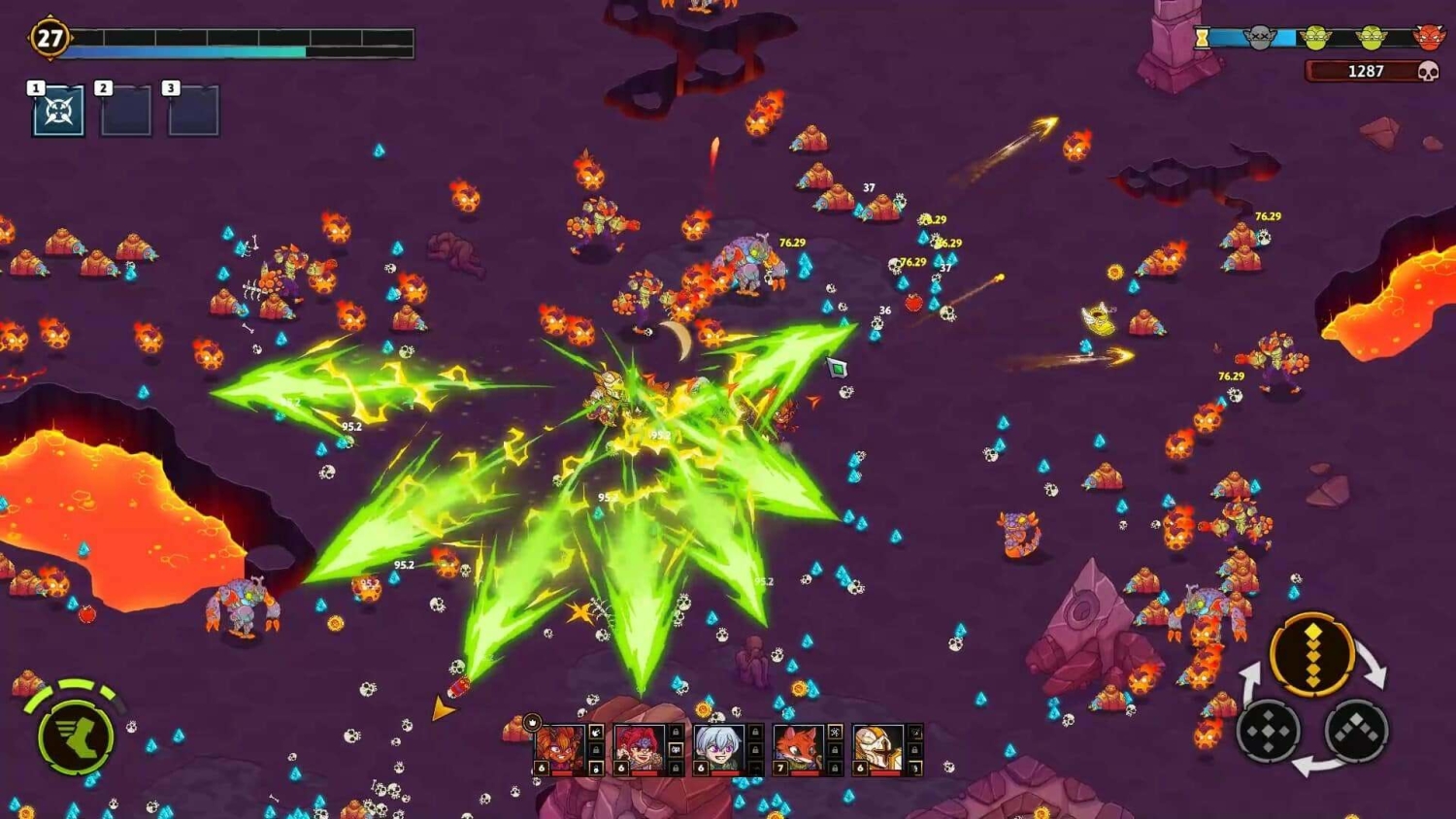 Top-down battle scene with characters launching bright green energy attacks against fiery enemies on dark terrain