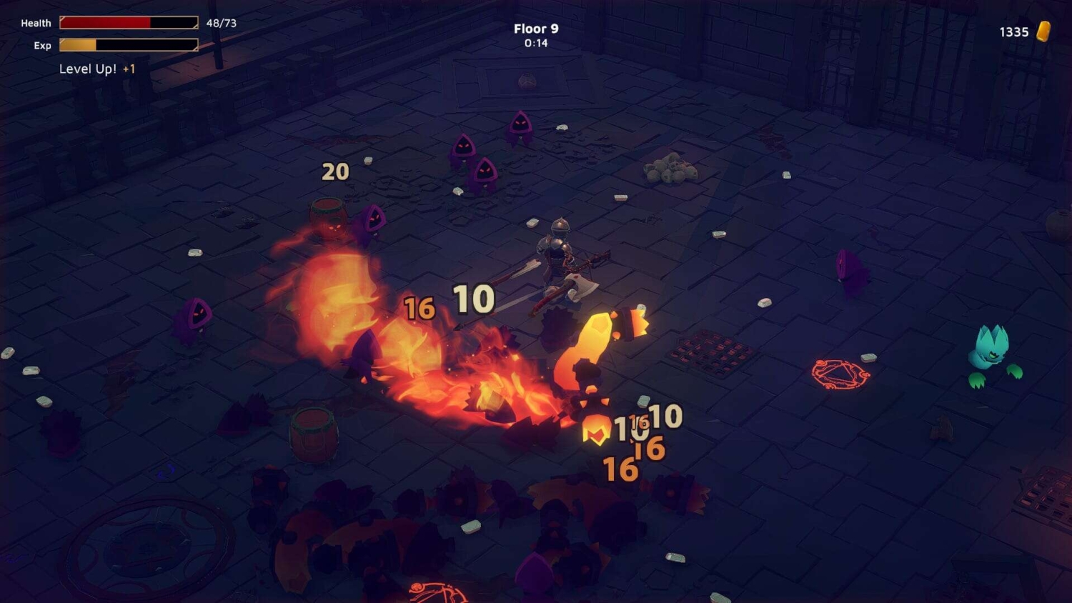 Armoured warrior fighting small purple creatures in a dark dungeon using fiery attacks and axes
