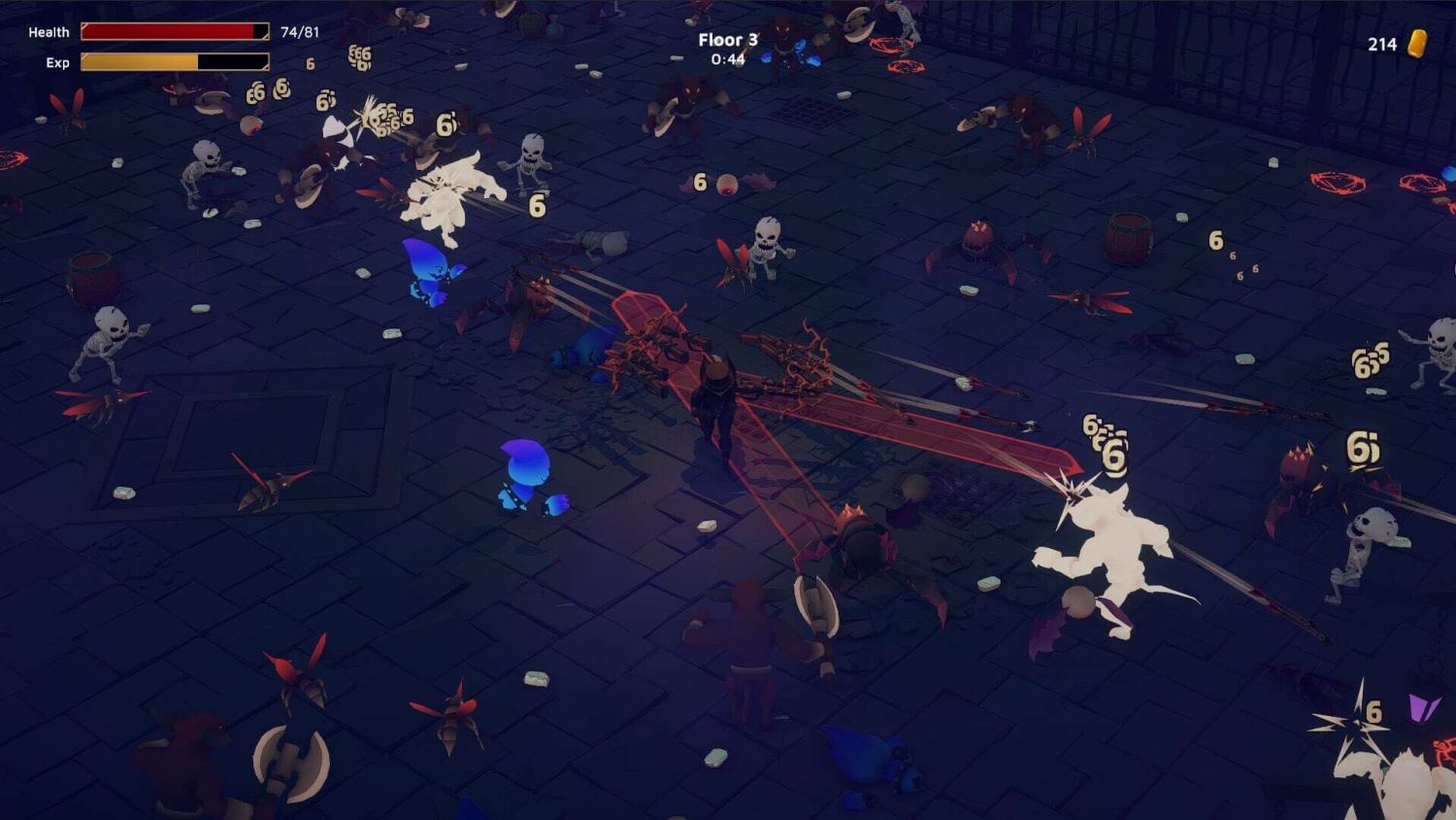 Player character fighting multiple skeletal and insect-like enemies in a dark dungeon floor