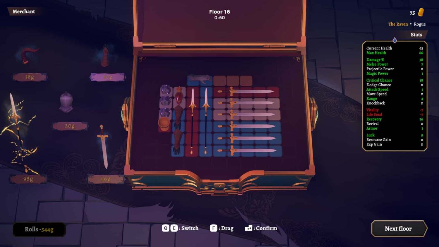 Inventory screen showing weapons, armour pieces, and a placement puzzle in a chest interface on floor 16
