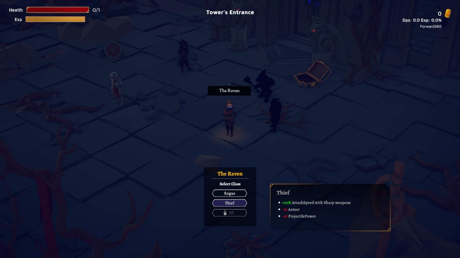 Game screen at Tower's Entrance showing The Raven class selected, with Thief highlighted and stats on the right