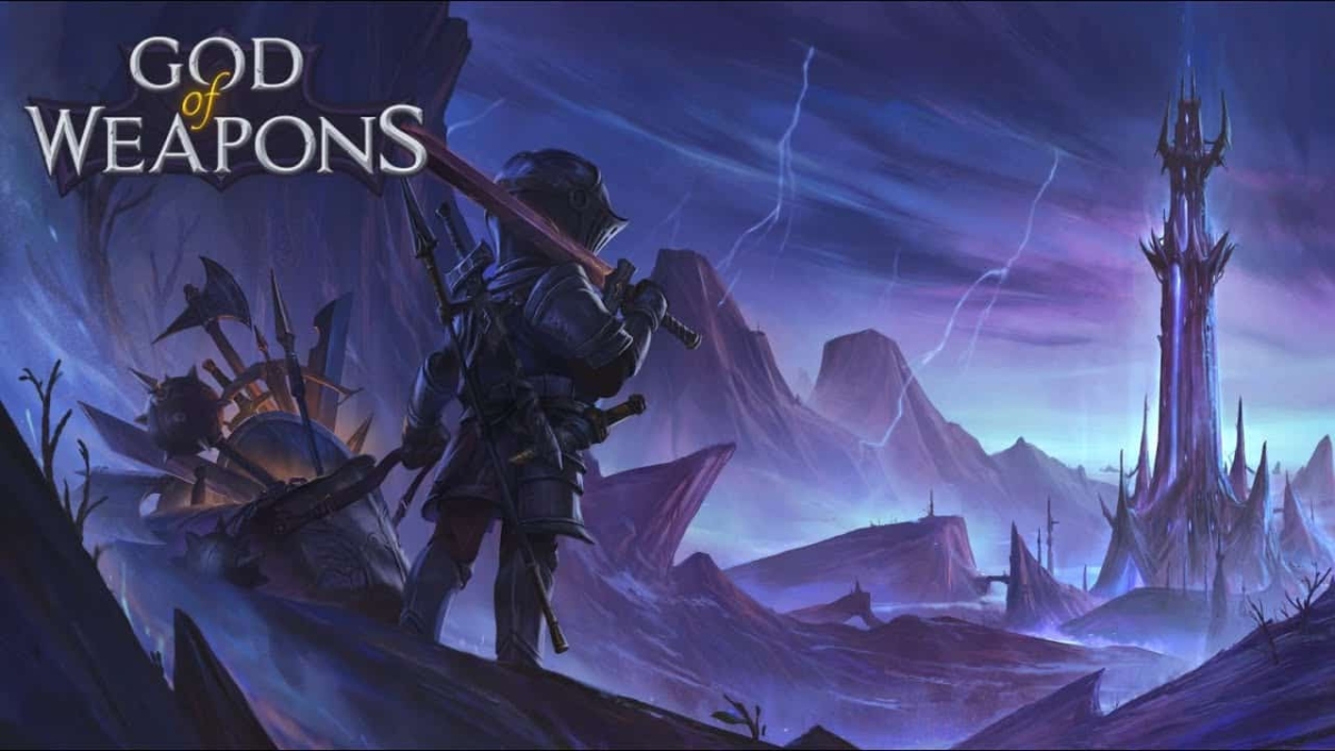 Armoured warrior holding a sword overlooking a dark mountainous landscape with a tall, spiked tower