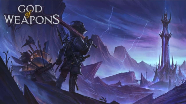 Armoured warrior holding a sword overlooking a dark mountainous landscape with a tall, spiked tower