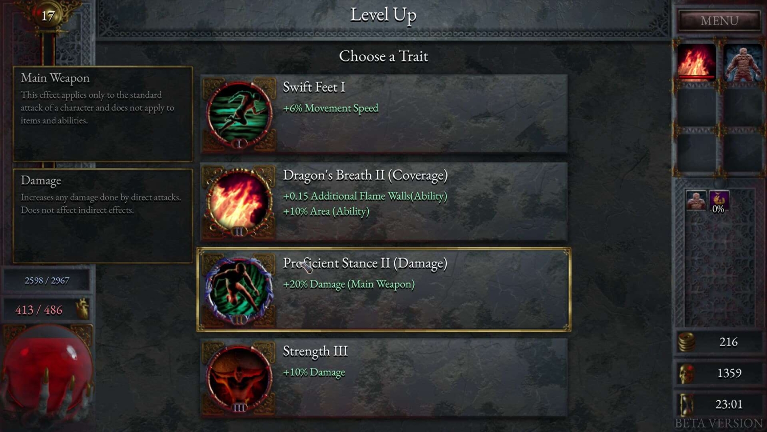 Trait selection screen with icons showing speed, flame attack, and damage bonuses in a roguelike game