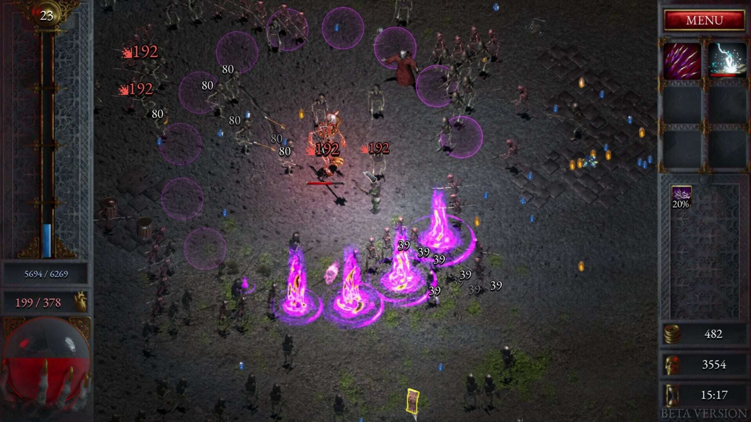 Character casting purple fire spells in top-down action against numerous skeleton enemies in dark dungeon