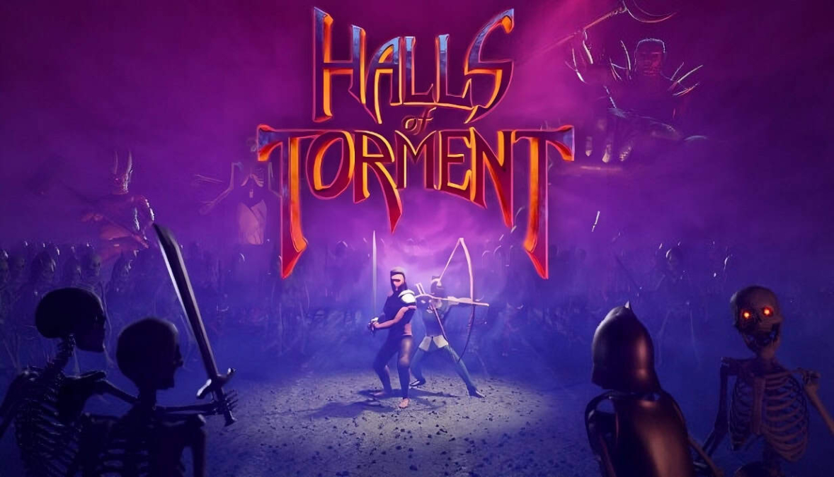 Two warriors standing back to back surrounded by skeletal enemies under purple mist with Halls of Torment logo above