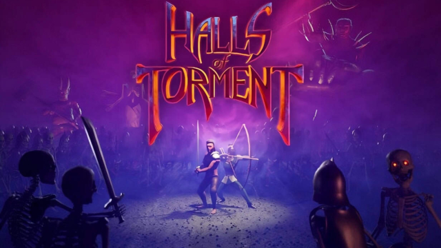 Two warriors standing back to back surrounded by skeletal enemies under purple mist with Halls of Torment logo above