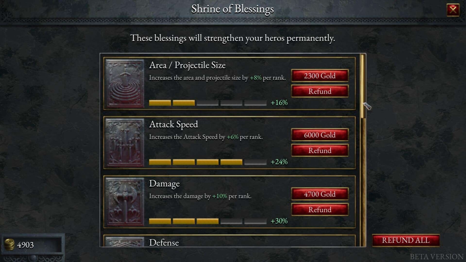 Shrine of Blessings menu showing upgrade options for area/projectile size, attack speed, and damage with gold costs and progress bars