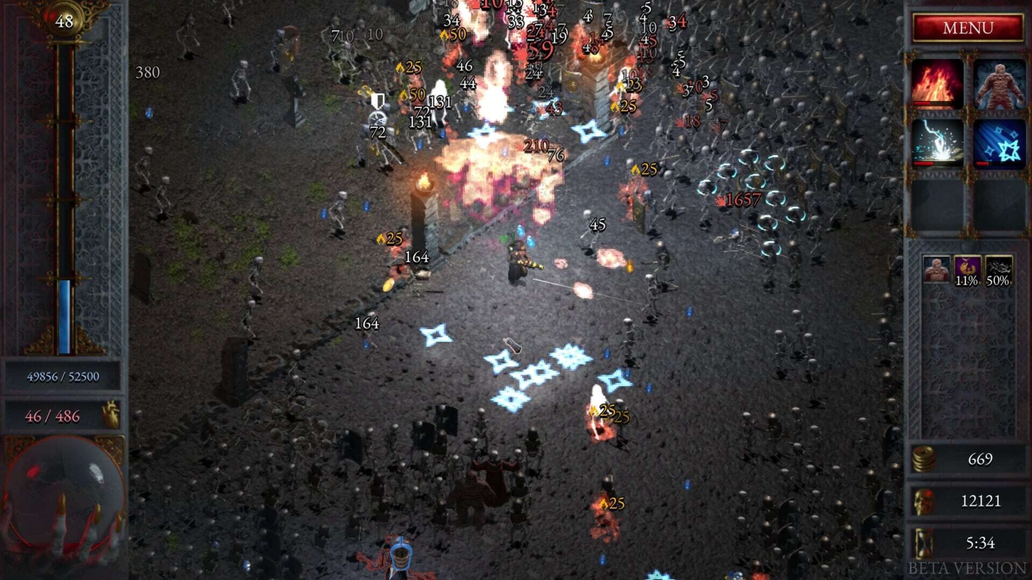 Top-down view of a character firing surrounded by numerous enemies and colourful damage numbers in a dark battlefield