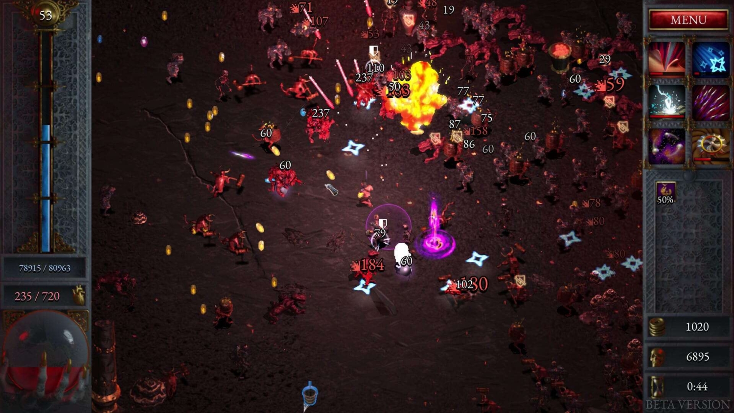 Top-down view of a character fighting numerous red demon enemies in a dark, fiery environment with explosions and damage numbers visible