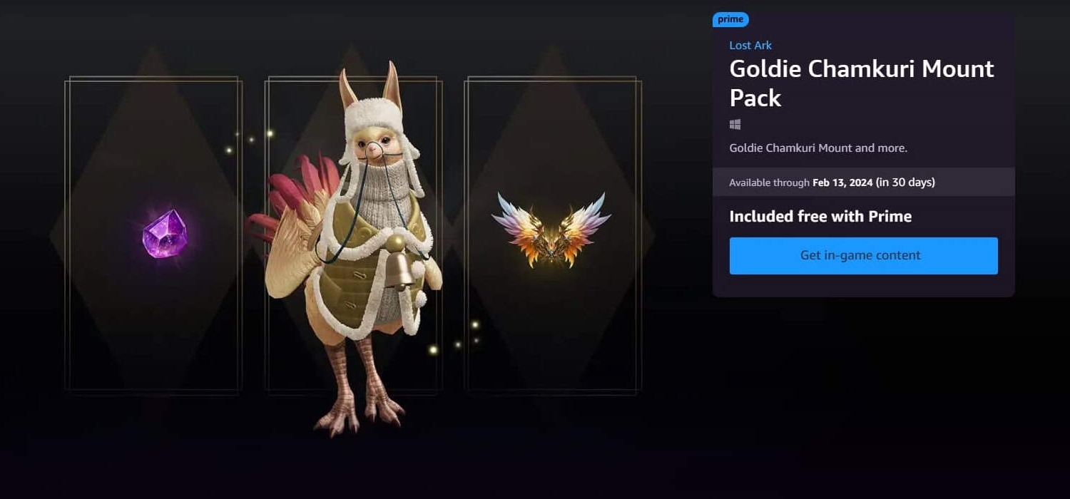 Goldie Chamkuri mount wearing winter coat and hat, with a purple crystal on the left and golden wings on the right