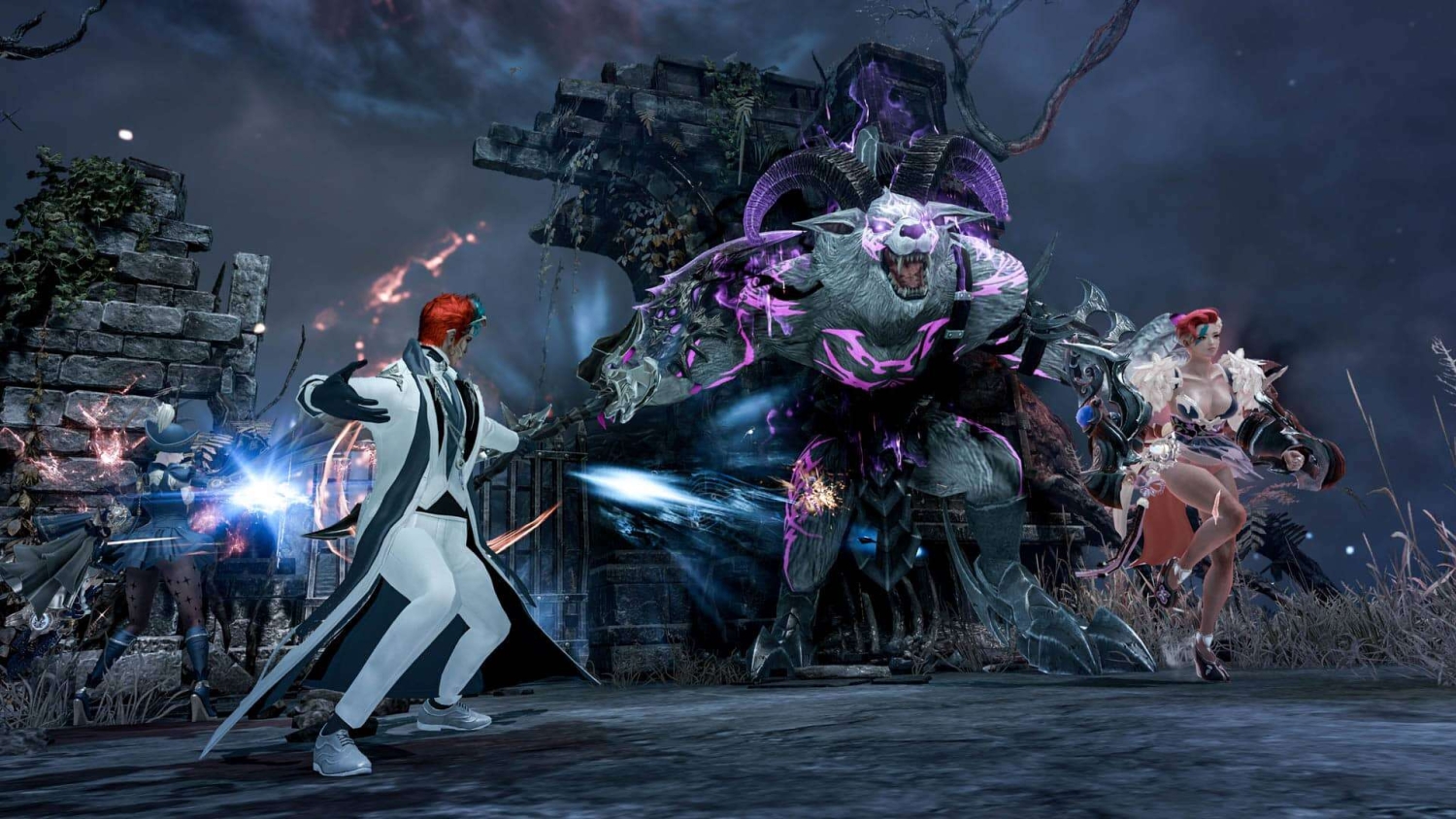 Three fantasy characters using magic and weapons to fight a large glowing horned creature with purple energy