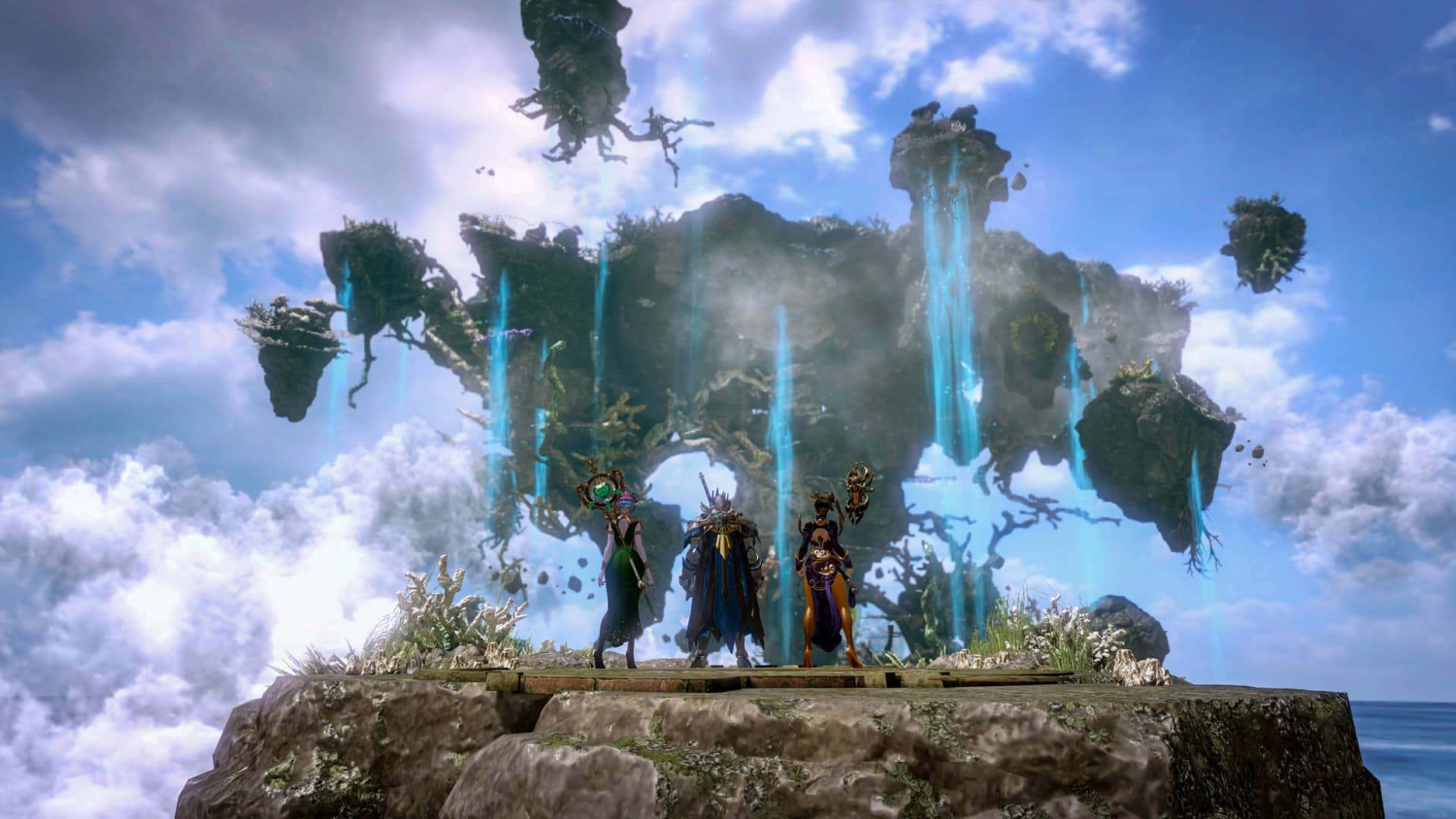 Three fantasy characters standing on rocky platform beneath floating islands with blue waterfalls and a bright sky
