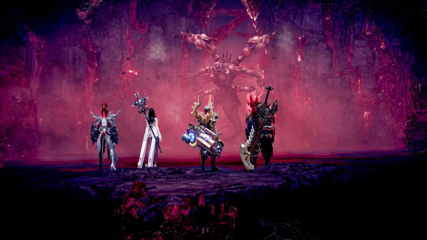 Four fantasy warriors equipped with elaborate armour and weapons face a large demonic creature in a glowing red cavern