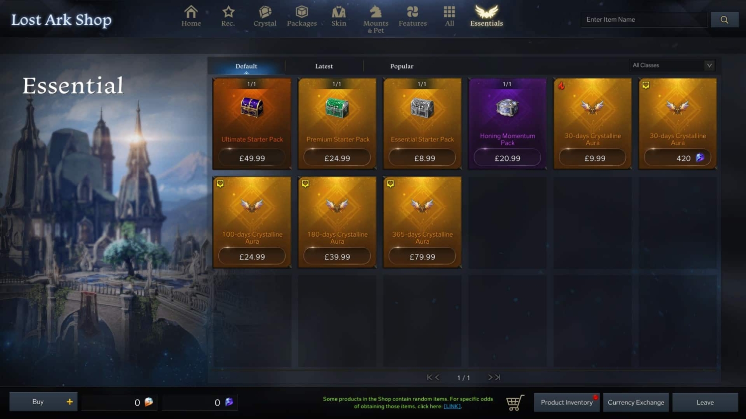Lost Ark Shop essential tab showing starter packs and various crystalline aura durations with prices in British pounds