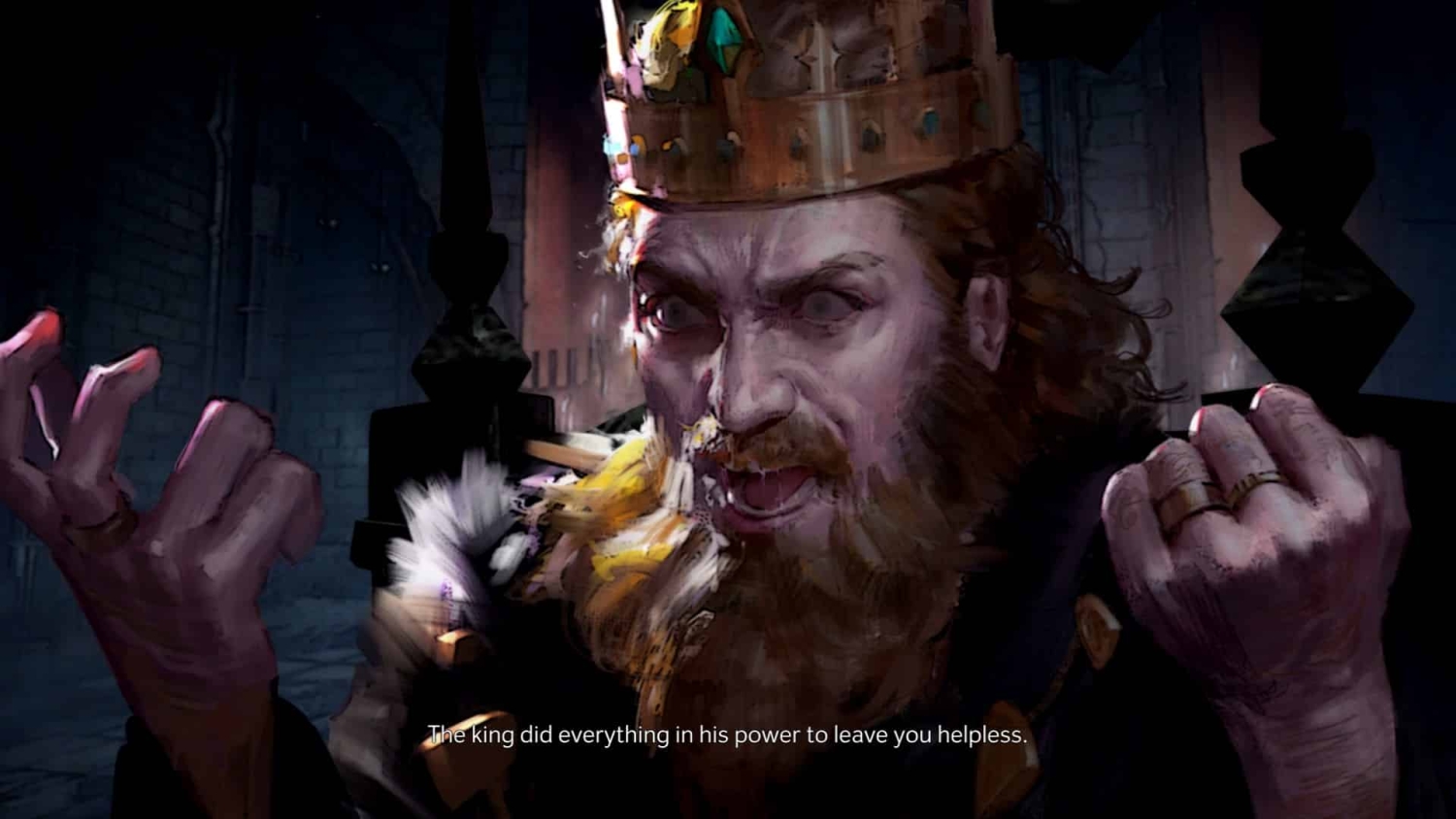 Bearded king wearing a crown angrily gesturing with both hands in a dark castle setting