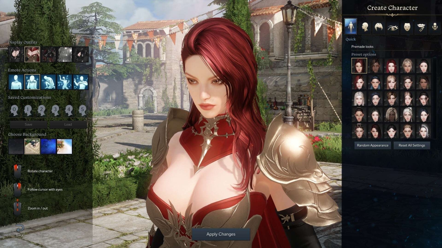 Red-haired female character in detailed red and gold armour in an outdoor character creation interface
