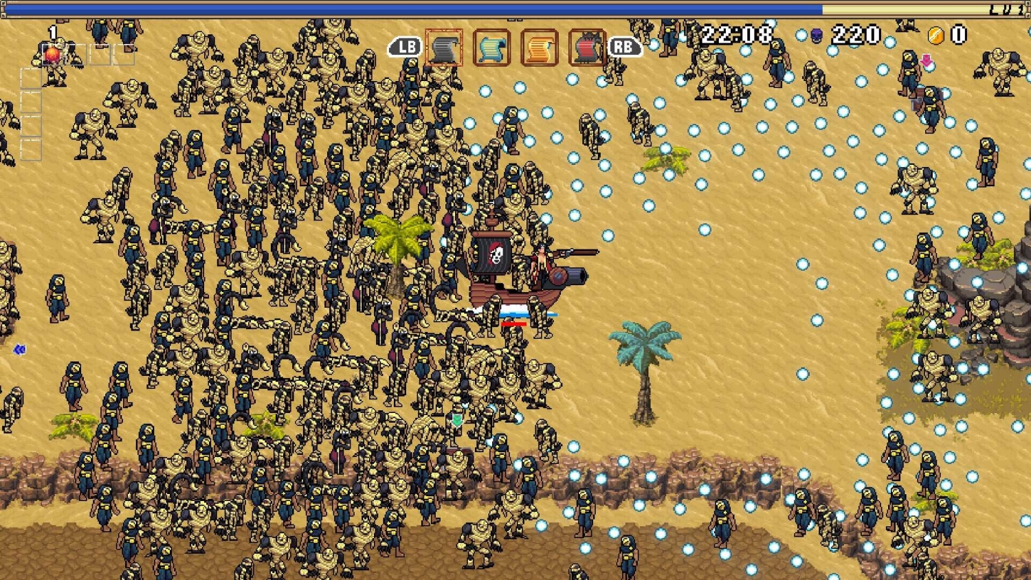 Pixel art character on small ship surrounded by numerous enemies and blue projectiles on sandy desert terrain with scattered trees