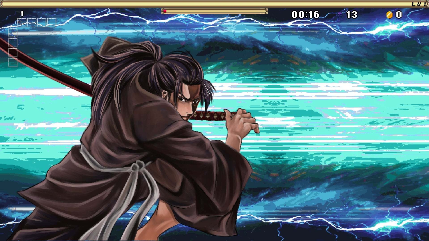 Character with long dark hair wielding a katana, releasing a bright blue energy beam from the sword