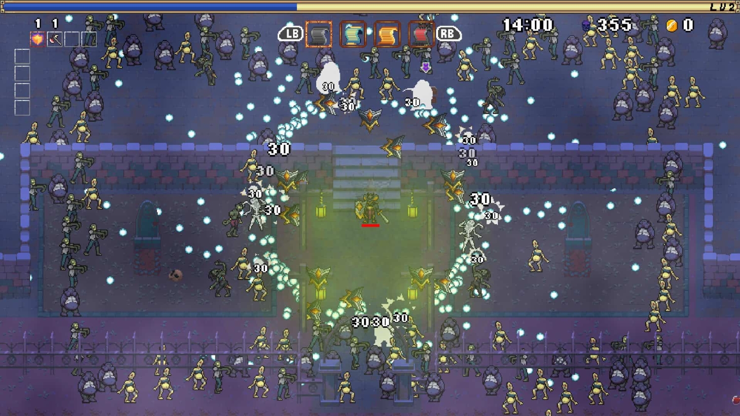 Pixel art scene showing a lone character with shield and sword surrounded by numerous enemies and blue glowing projectiles in a top-down game view