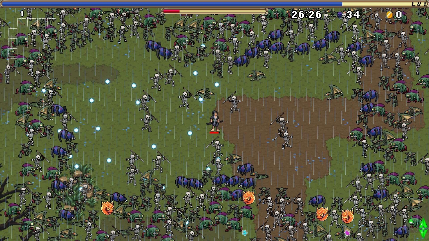 Pixel-art character fighting many skeletons and bats in rainy battlefield with scattered attacks