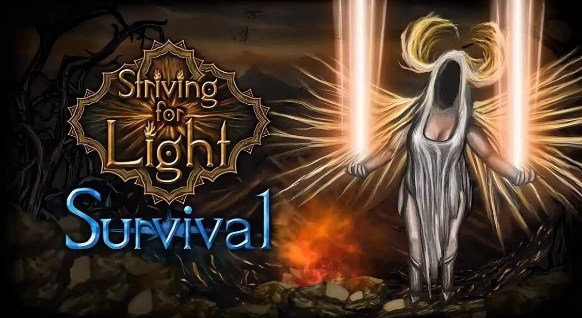 Stylised text logo for Striving for Light Survival alongside an angelic figure with glowing swords and wings