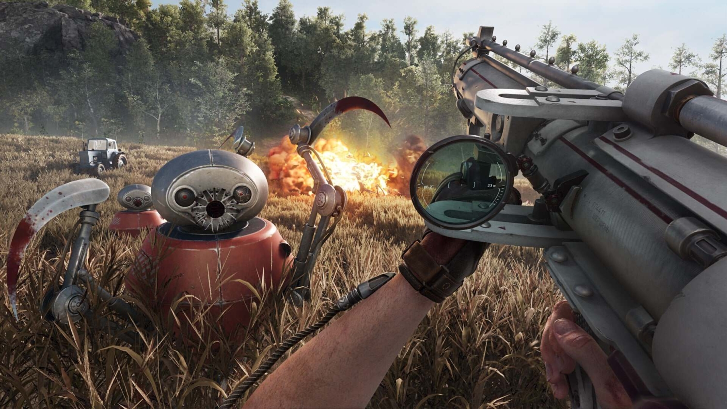 Player aiming a rifle at attacking robots in a grassy field with a forest in the background
