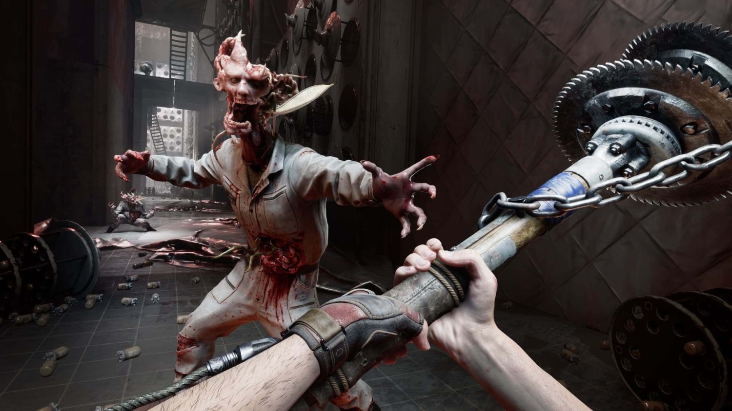 Player swinging a spiked weapon towards a gruesome zombie-like monster in a dark industrial corridor
