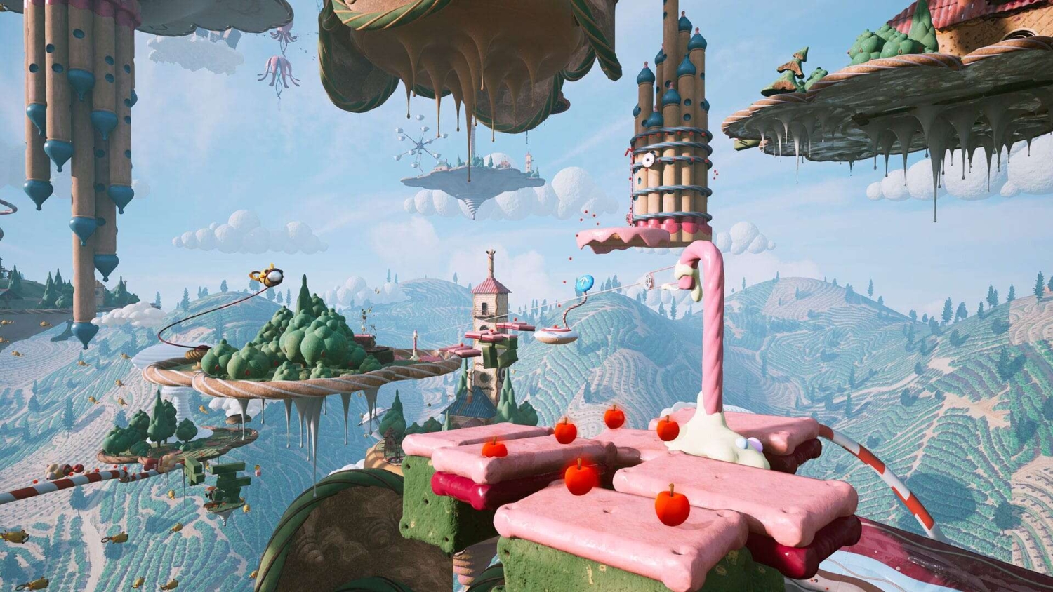 Floating islands with dessert-like textures and plants in a whimsical bright blue sky environment