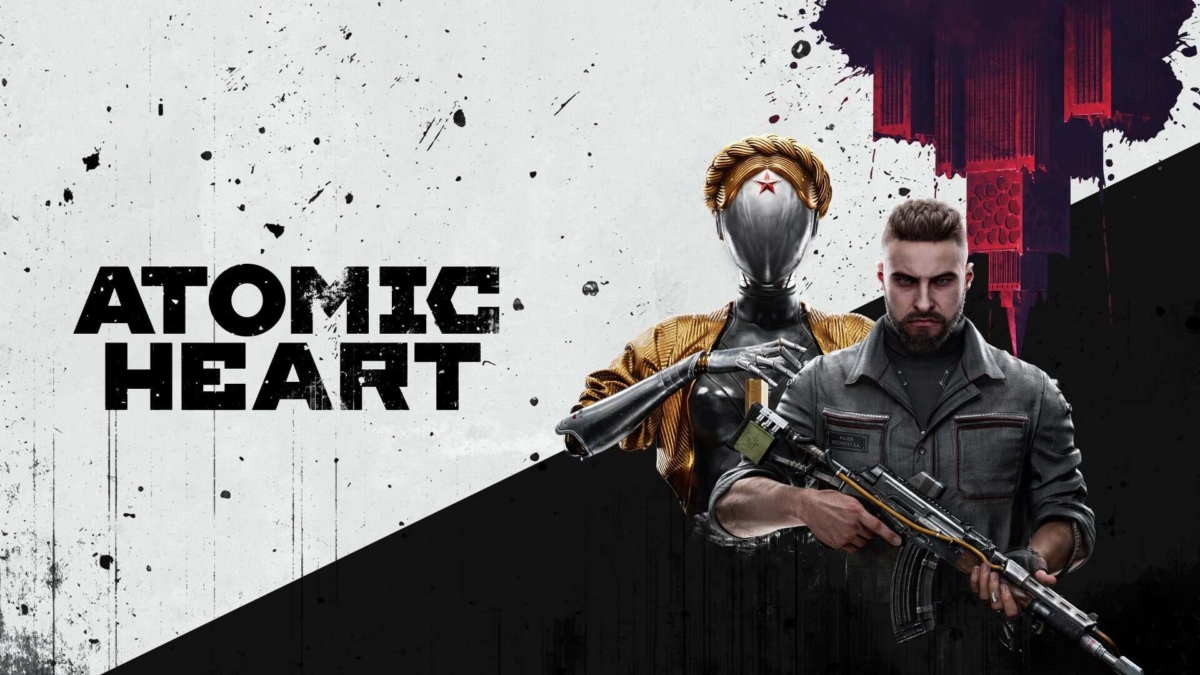 Male character holding a rifle with a headless android figure behind him, both set against a split black and white background with red elements