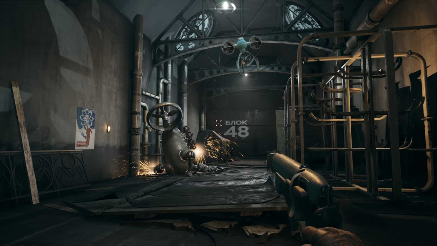First-person view of a hand holding a pistol in a dark industrial corridor with sparks flying and a hovering robot above