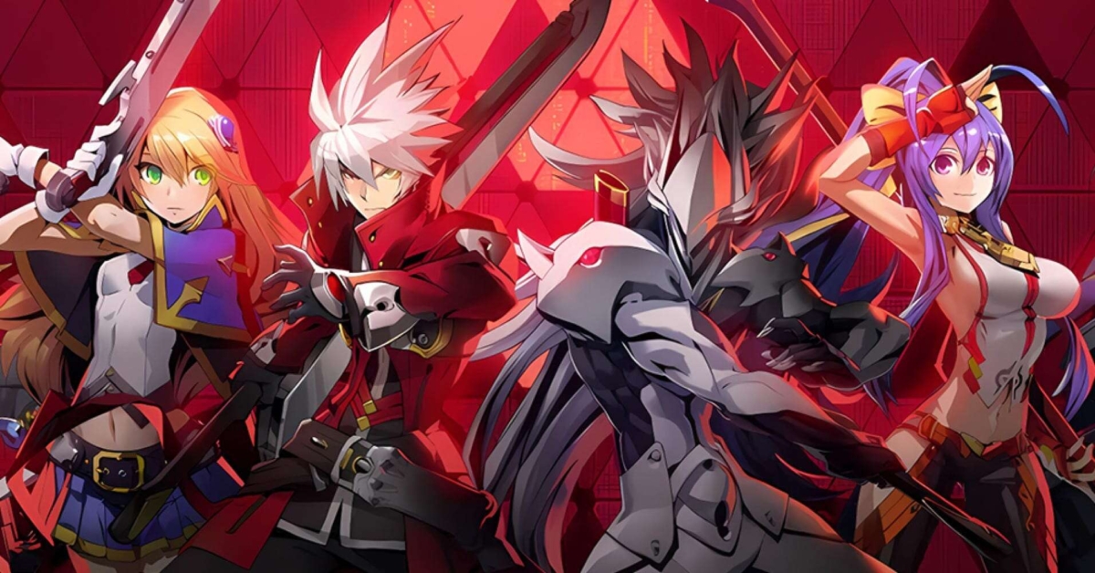 Four colourful anime-style characters in dynamic poses with weapons against a red geometric background